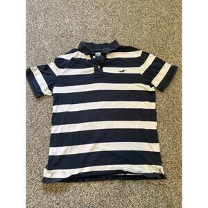 Hollister Mens Polo Shirt Size L Blue White Stripes Eagle Embroidered Casual
